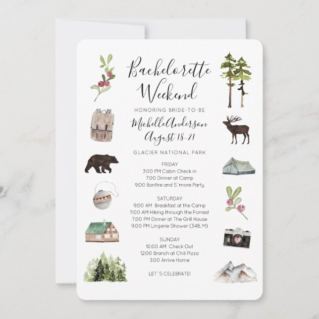 Mountain Woods Bachelorette Weekend Itinerary Invi Invitation (Front)