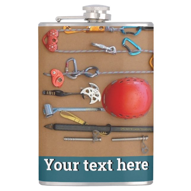 Mountaineering kit, helmet, ropes, carabiners flask (Front)