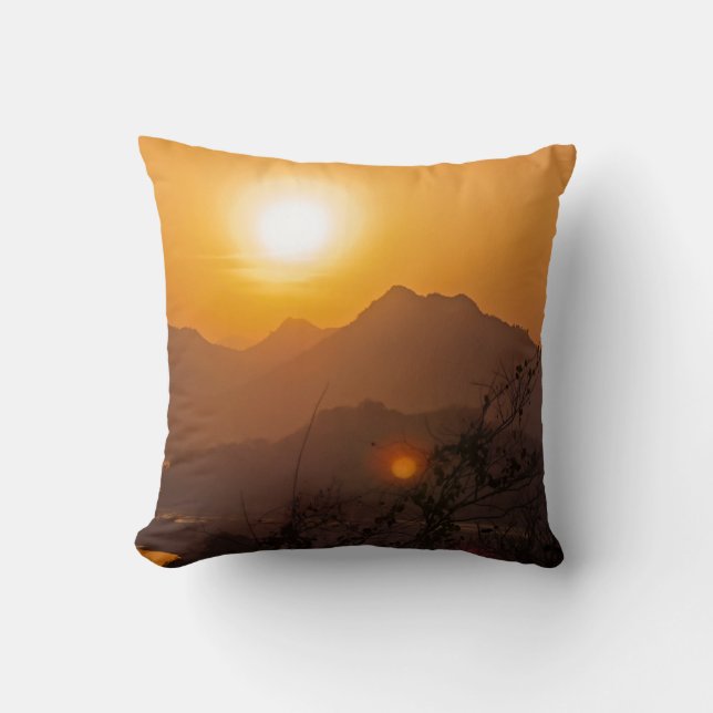 Mountainous Laos Sunset Throw Pillow (Front)