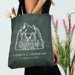 Mountains Adventure Begins Green Wedding Travel Tote Bag<br><div class="desc">Embark on your journey together with our Mountains Adventure Begins Green Wedding Travel Tote Bag! Designed to complement your wanderlust spirit and celebrate the beginning of your new adventure, this tote bag features a captivating logo adorned with majestic mountains, swaying palm trees, and a heart symbol, accompanied by the timeless...</div>
