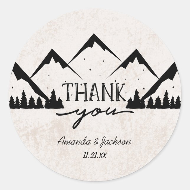 Mountains Adventure Begins Monogram Wedding Classic Round Sticker (Front)