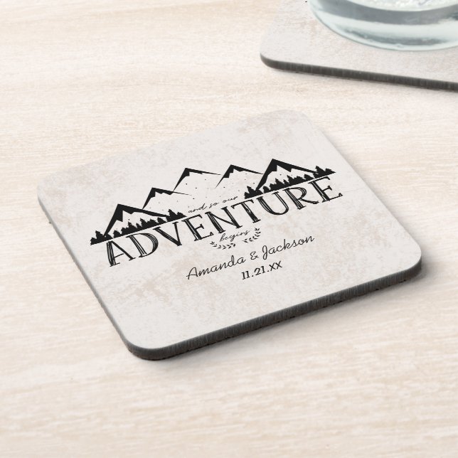 Mountains Adventure Begins Wedding Monogram Beverage Coaster (Left Side)