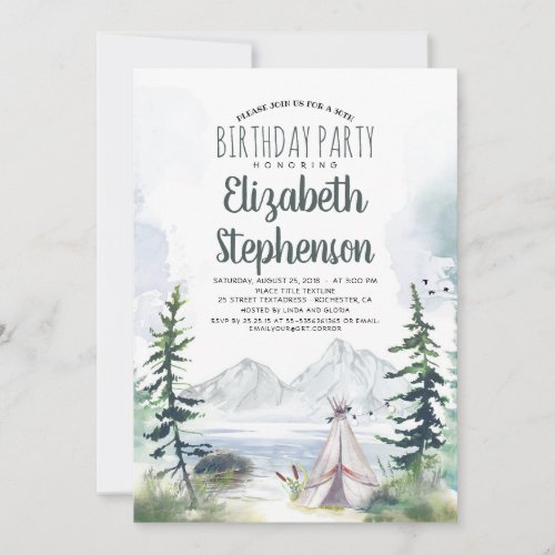 Mountains Adventure Camping in the Woods Birthday Invitation