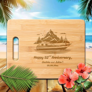 Mountains and Boat 52nd Wedding Anniversary Engraved Cutting Board