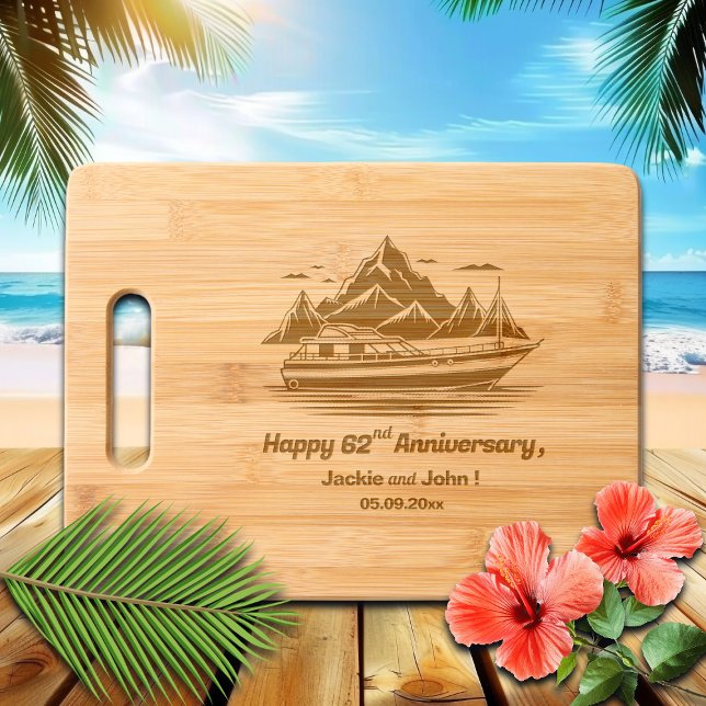 Mountains and Boat 62nd Wedding Anniversary  Engraved Cutting Board (Creator Uploaded)