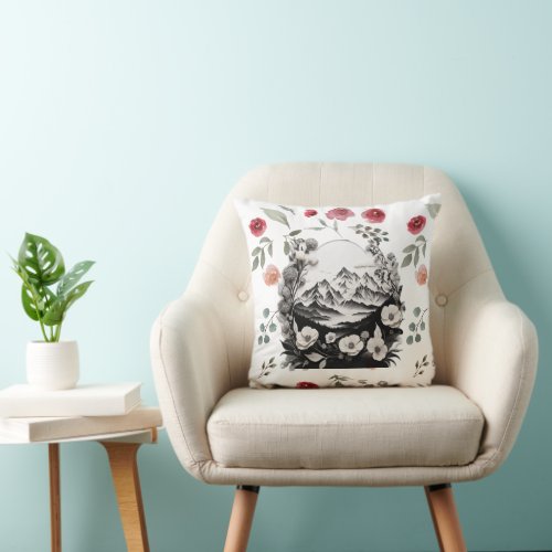 Mountains and Flowers Design Pillow