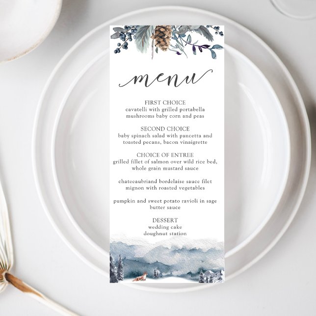 Mountains and Fox, Rustic Blue Floral Wedding Menu (Creator Uploaded)