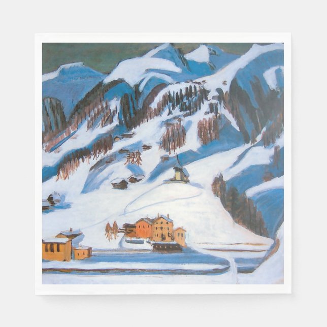 Mountains and Houses in the Snow, Winter Landscape Napkins (Front)