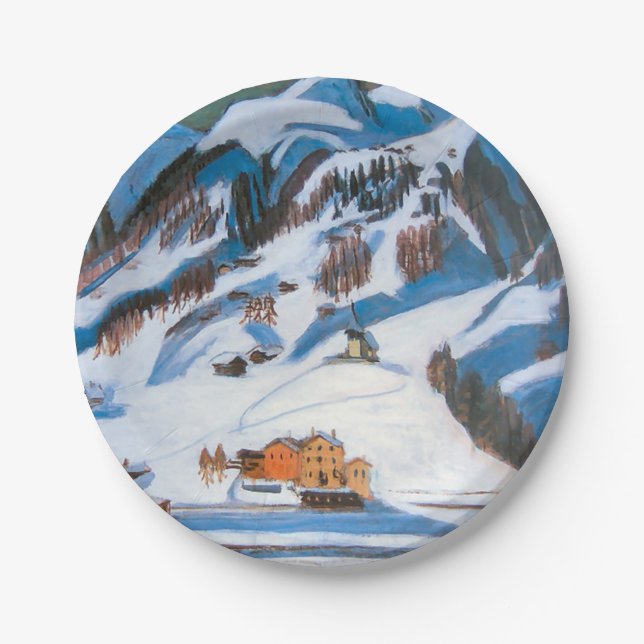 Mountains and Houses in the Snow, Winter Landscape Paper Plates (Front)