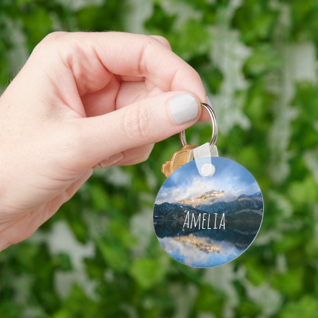 Mountains and Lake Scenic Nature Photo Keychain (Hand)