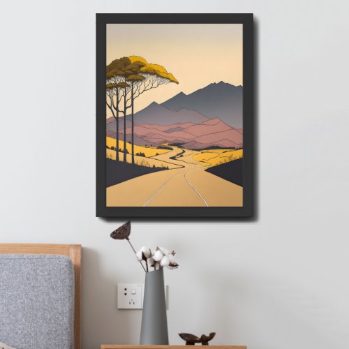 Mountains and Long Trees Road Beautiful Landscape Framed Art