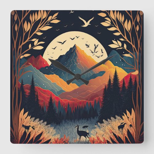 Mountains and Moon Colorful Landscape Square Wall Clock