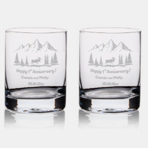 Mountains and Moose 1st Wedding Anniversary Rocks Glass