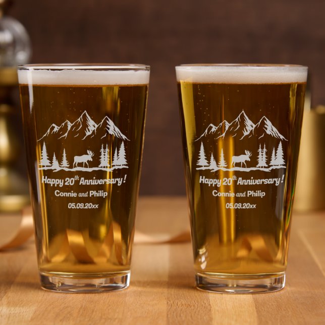 Mountains and Moose 20th Wedding Anniversary Pint Glass (Party)