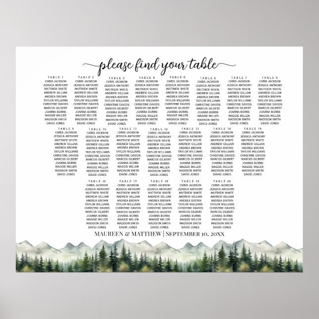 Mountains and Pines 20 Tables Wedding Seating Poster (Front)