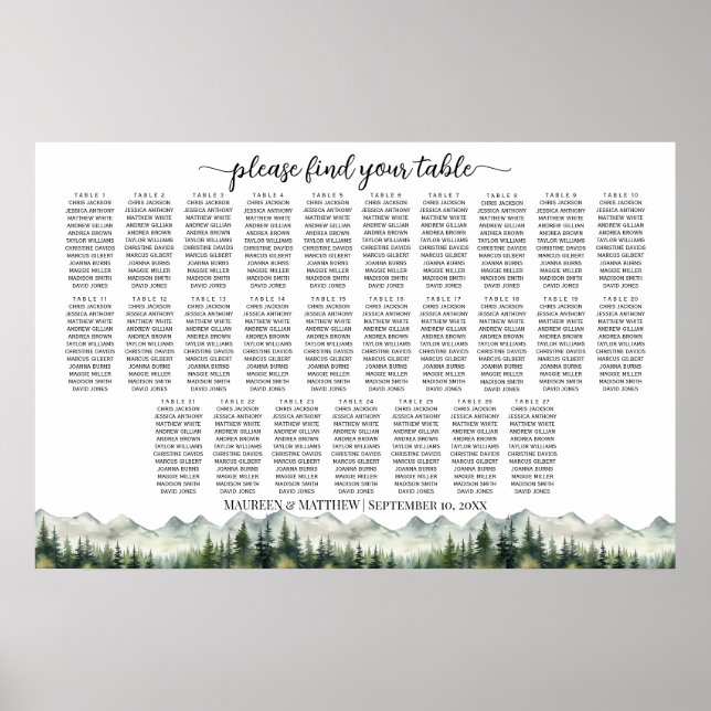 Mountains and Pines 27 Tables Wedding Seating Poster (Front)