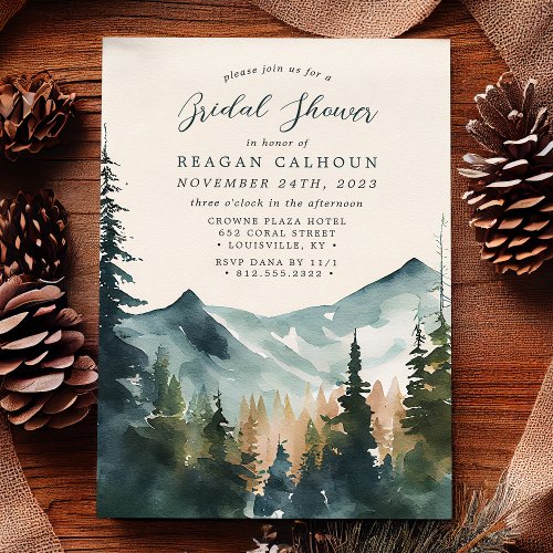 Mountains And Pines Calligraphy Bridal Shower Invitation