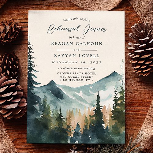 Mountains And Pines Calligraphy Rehearsal Dinner Invitation