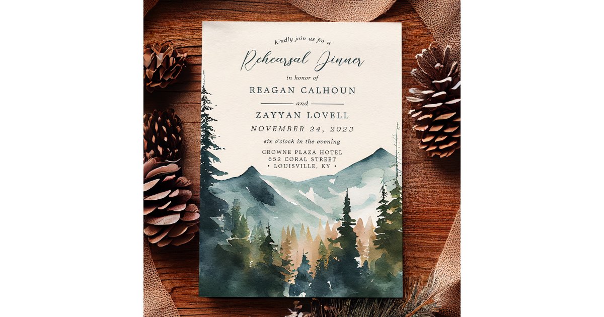 Mountains And Pines Calligraphy Rehearsal Dinner Invitation | Zazzle