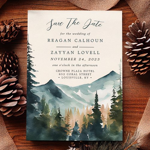 Mountains And Pines Calligraphy Save The Date Card