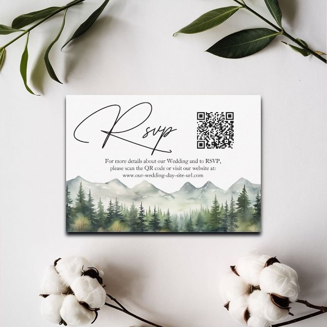 Mountains and Pines QR Code Wedding RSVP Card (Creator Uploaded)