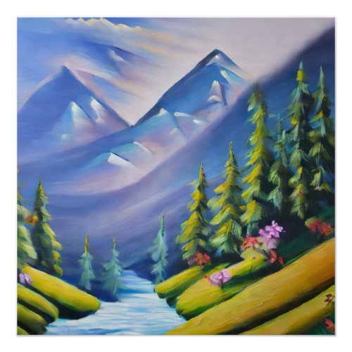 Mountains and river painting poster