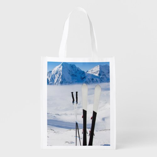 Mountains and ski equipment grocery bag