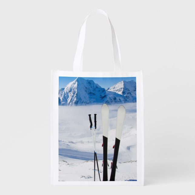 Mountains and ski equipment grocery bag (Front)