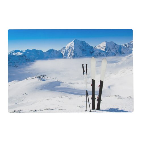Mountains and ski equipment placemat