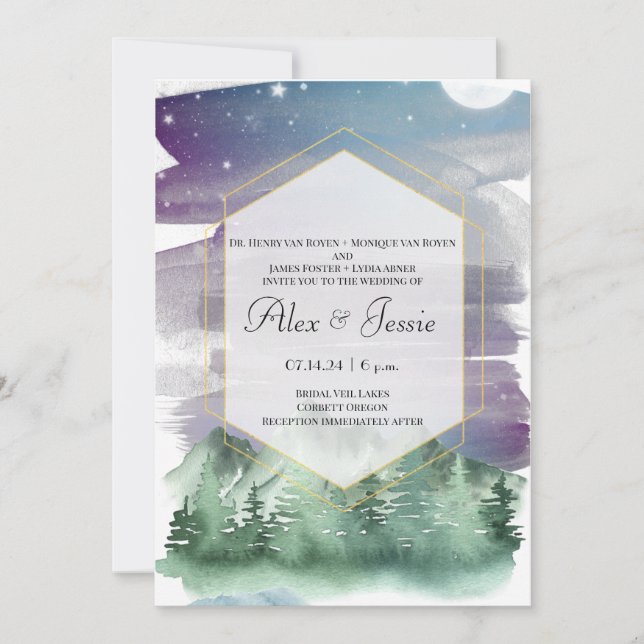 Mountains and starry night sky wedding invitation (Front)