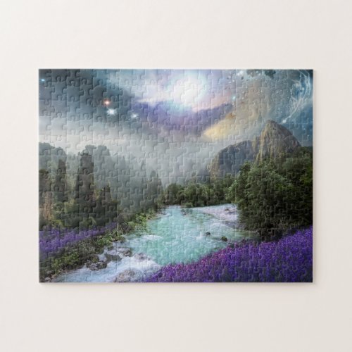 Mountains and Stream with Purple Flowers Photo Jigsaw Puzzle