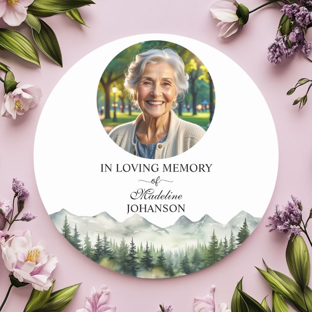 Mountains and Trees Celebration Of Life Funeral Classic Round Sticker (Creator Uploaded)