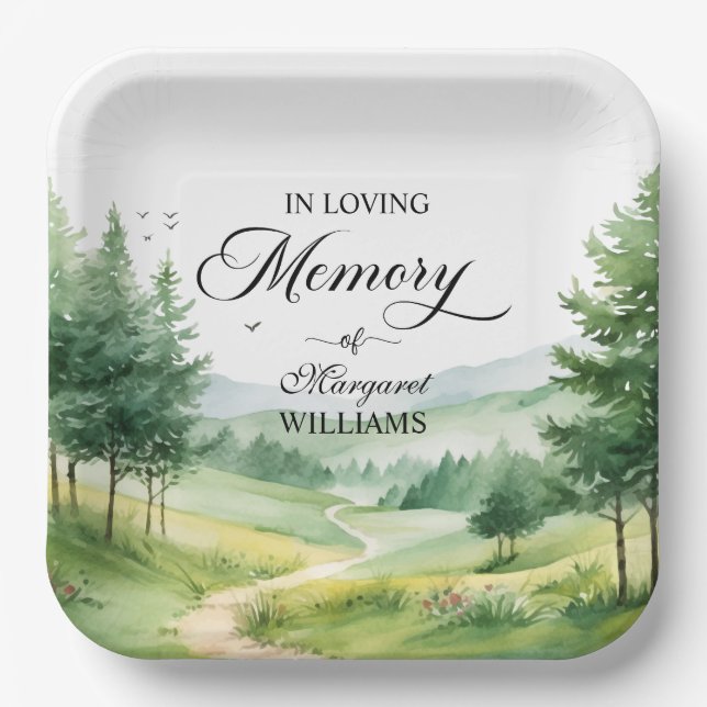 Mountains and Trees Celebration Of Life Funeral Paper Plates (Front)