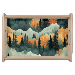 Mountains And Trees Green And Orange Serving Tray