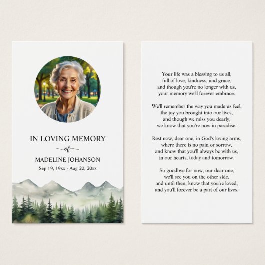 Mountains and Trees Memorial Photo Prayer Card (Front & Back)