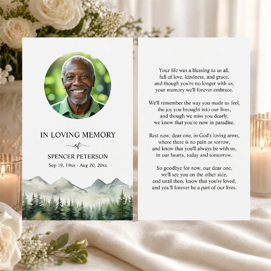 Mountains and Trees Memorial Photo Prayer Card