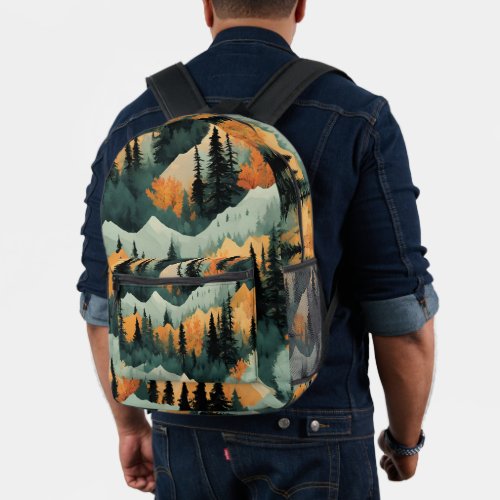 Mountains And Trees Orange And Green Pattern Printed Backpack