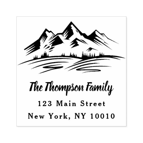 Mountains and Trees Return Address Family Name Rubber Stamp