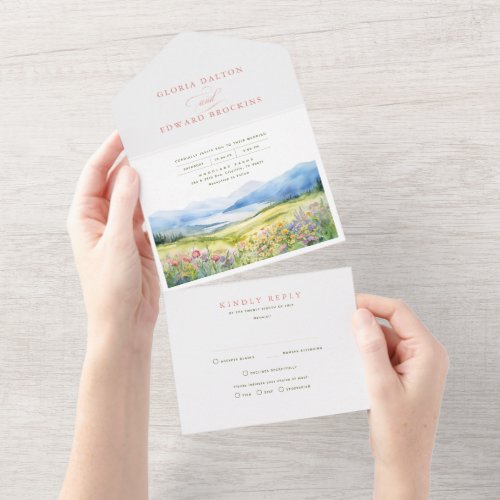 Mountains and Wildflowers Landscape Wedding All In One Invitation