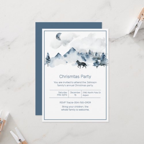 Mountains and Wolf Christmas Party Invitation