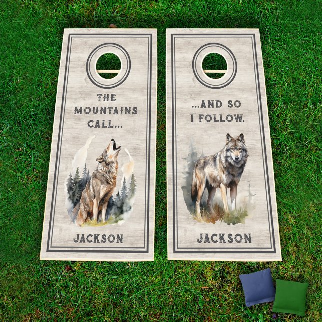 Mountains and Wolf Cornhole Set (Howling Wolf Mountains Camping Corn Hole Set "The mountains call and so I follow")