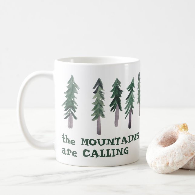 Mountains are Calling Watercolor Trees CUSTOMIZE Coffee Mug (With Donut)