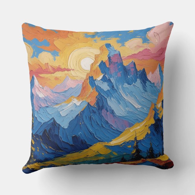 Mountains at dawn with glow throw pillow (Back)
