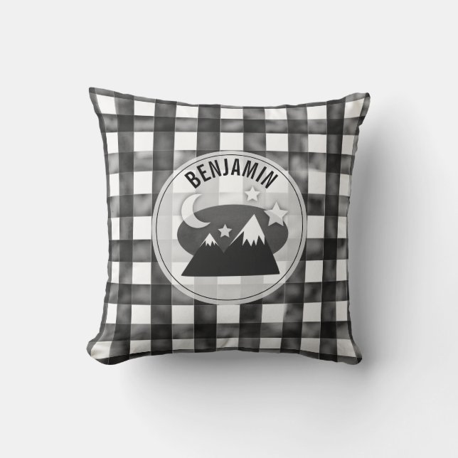 Mountains Black And White Gingham Nursery Throw Pillow (Front)