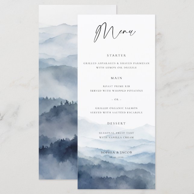 Mountains Blue Ridge Misty Modern Wedding  Menu (Front/Back)
