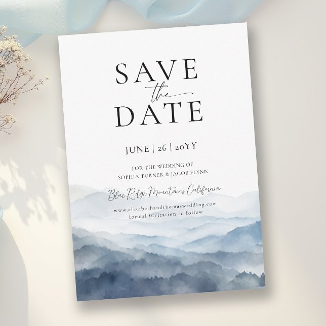 Mountains Blue Ridge Modern Wedding Save the Date Invitation (mountain wedding save the date invite peak ridge landscape purple watercolor misty rustic romantic)
