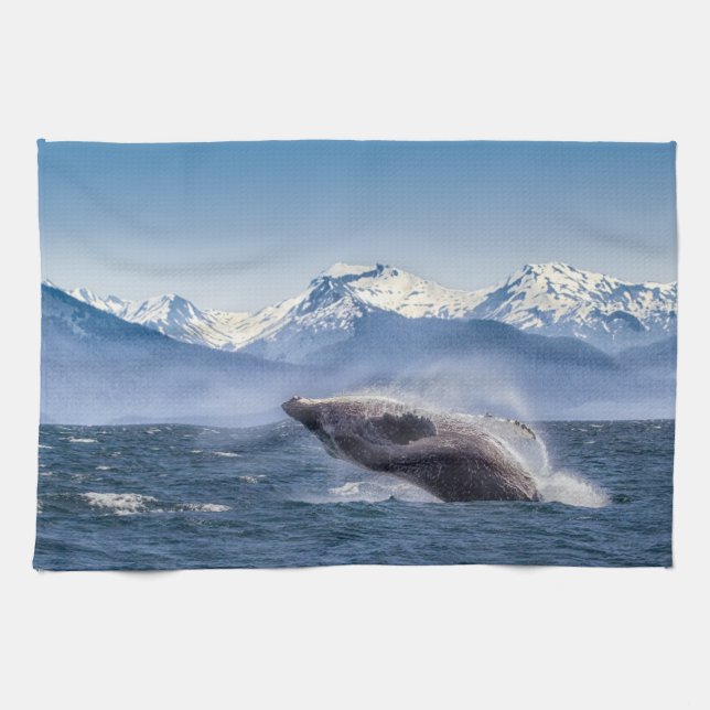 Mountains | Breaching Whale Glacier Bay, Alaska Kitchen Towel (Horizontal)