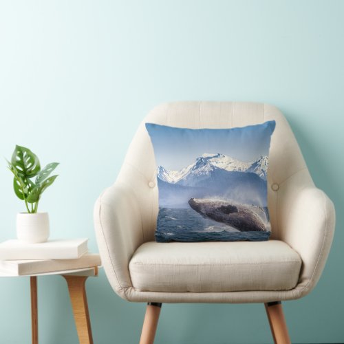 Mountains  Breaching Whale Glacier Bay Alaska Throw Pillow