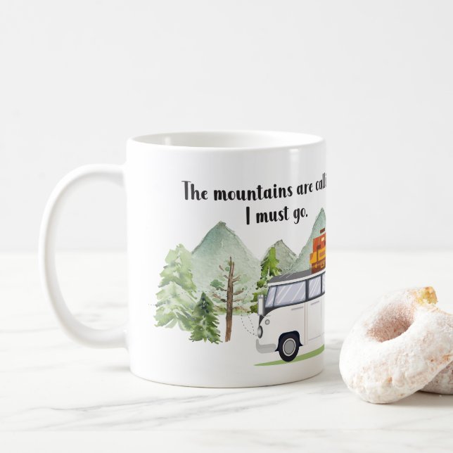 Mountains Calling Quote Green Rustic Watercolor Coffee Mug (With Donut)