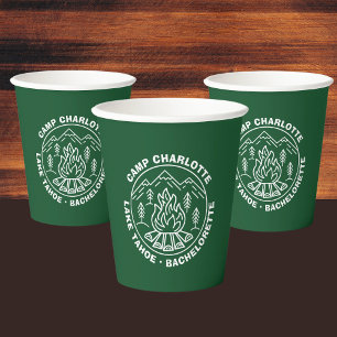 Mountains Campfire Green Custom Camp Bachelorette Paper Cups